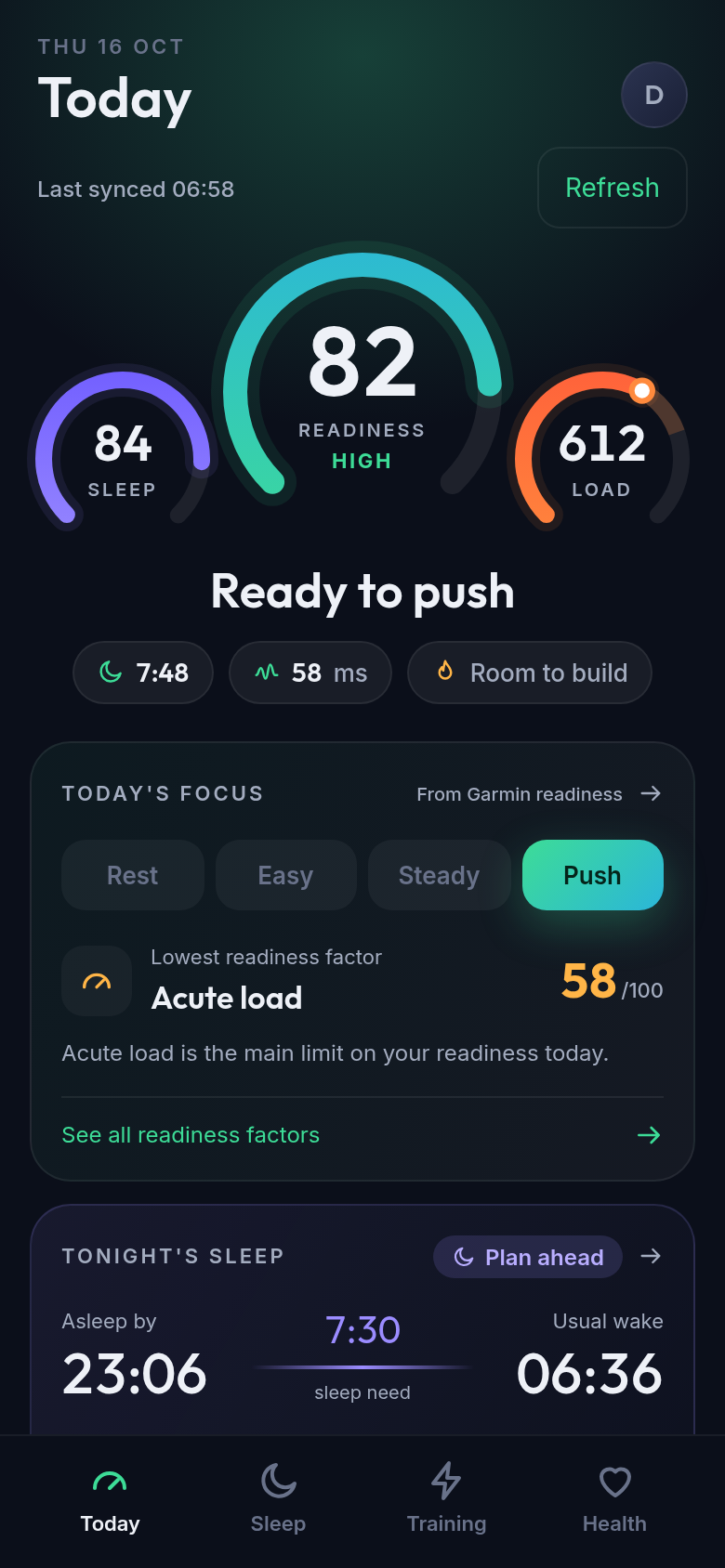 Raring’s Today screen with readiness, sleep and training load gauges, a daily focus and a sleep plan. All readings are sample data.