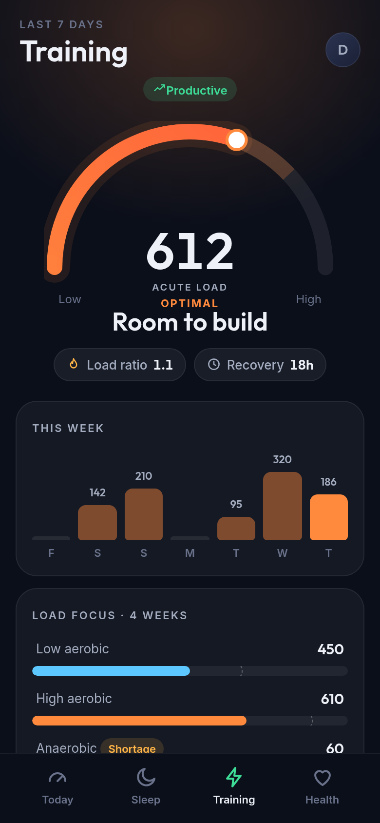 Training screen showing acute load, training status, recovery time and load focus.